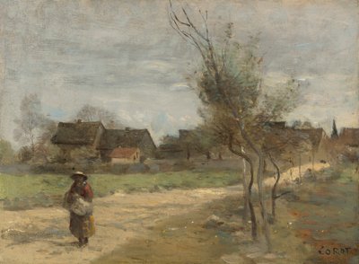Peasant Woman on a Road with a View of a Village by Jean Baptiste Camille Corot